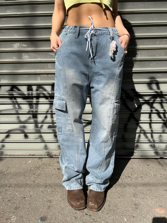 cargo denim pant w white drawstring