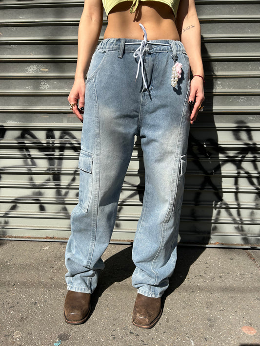 cargo denim pant w white drawstring