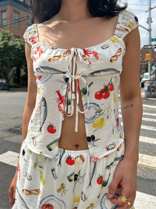 summer print open tie front top