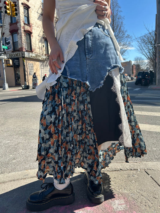 multi print denim skirt