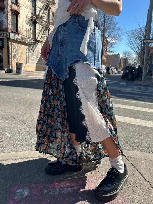 multi print denim skirt