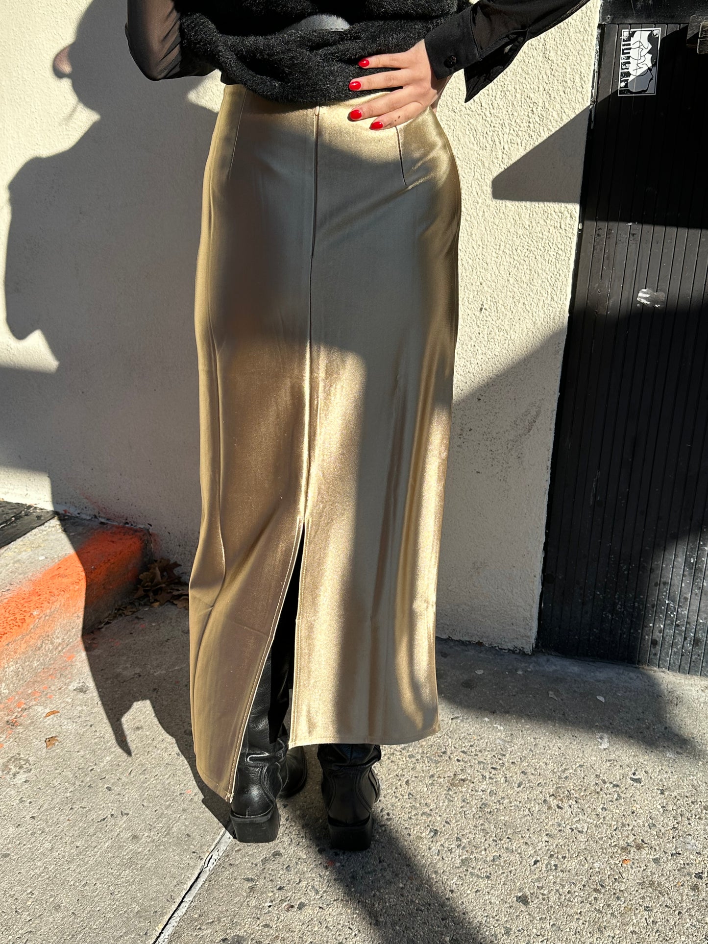 long metallic skirt