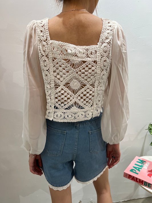 crochet front long slv blouse