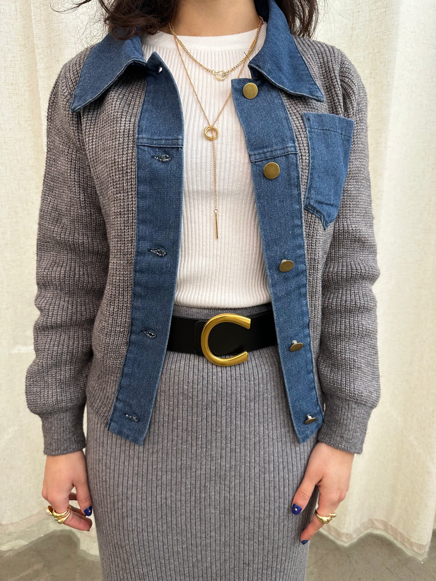 denim knit combo cardigan