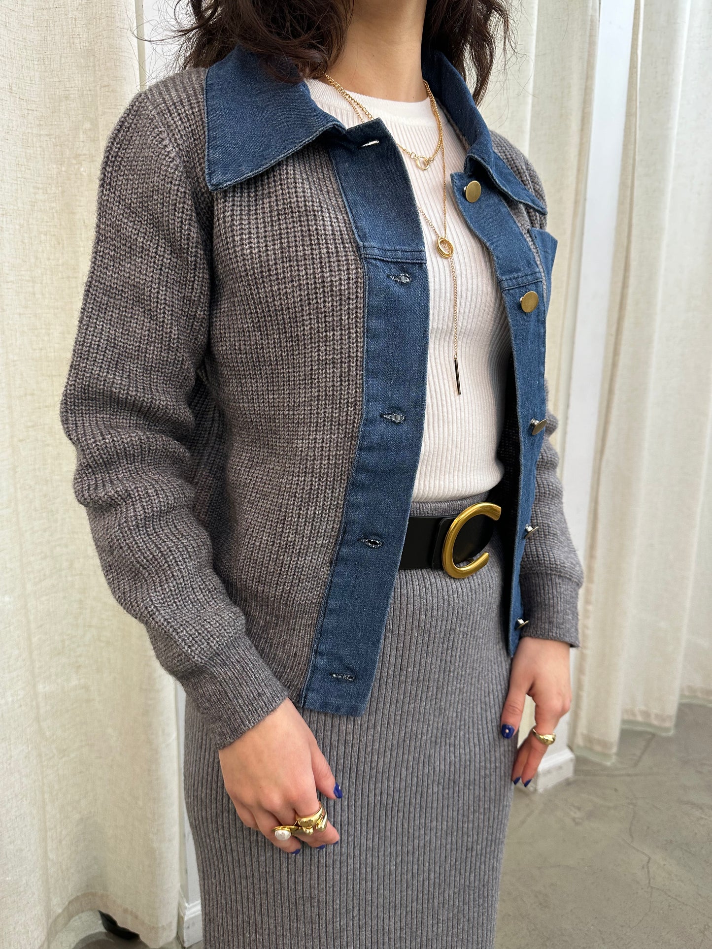 denim knit combo cardigan