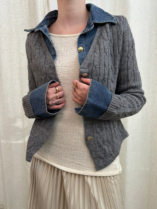 denim knit combo top