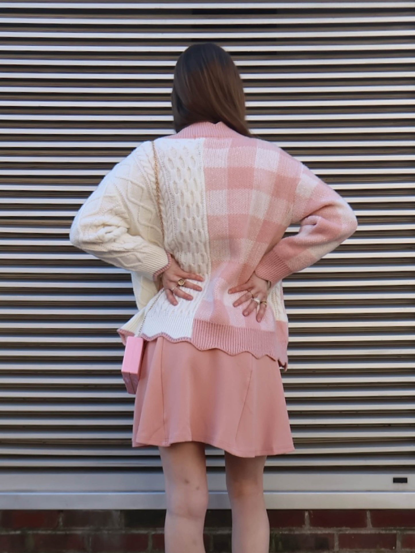 1/2 checkered 1/2 cable long cardigan