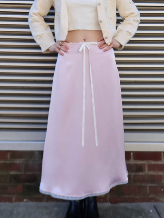 ribbon detail long satin skirt