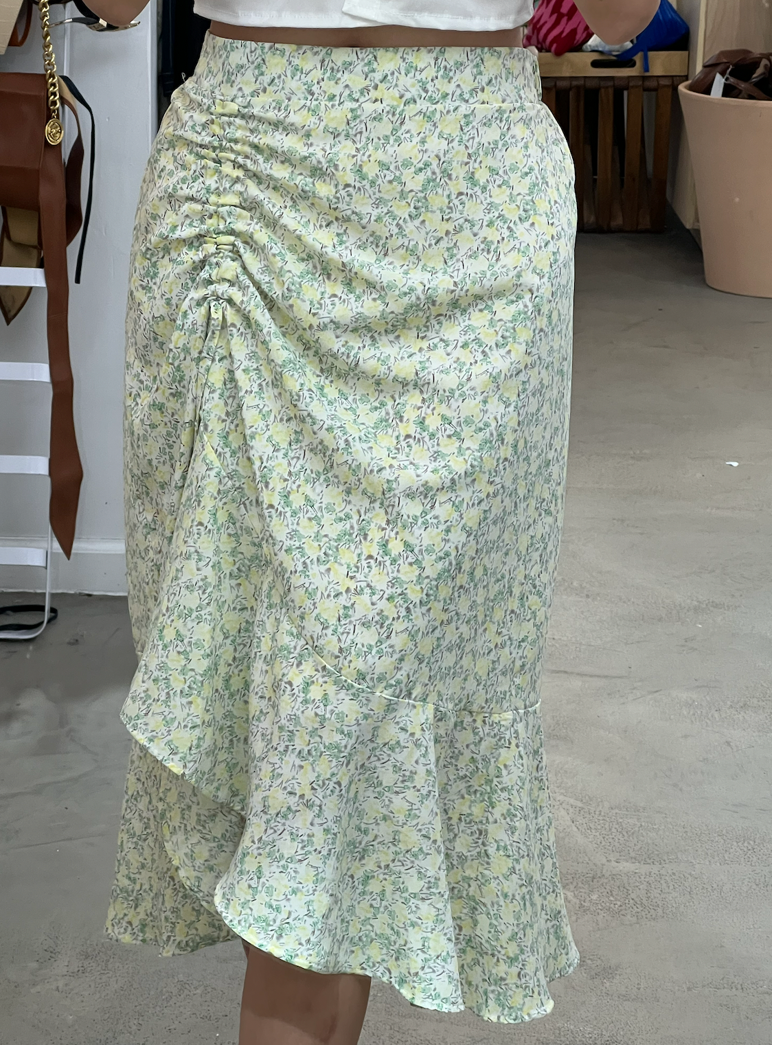 side ruched floral skirt