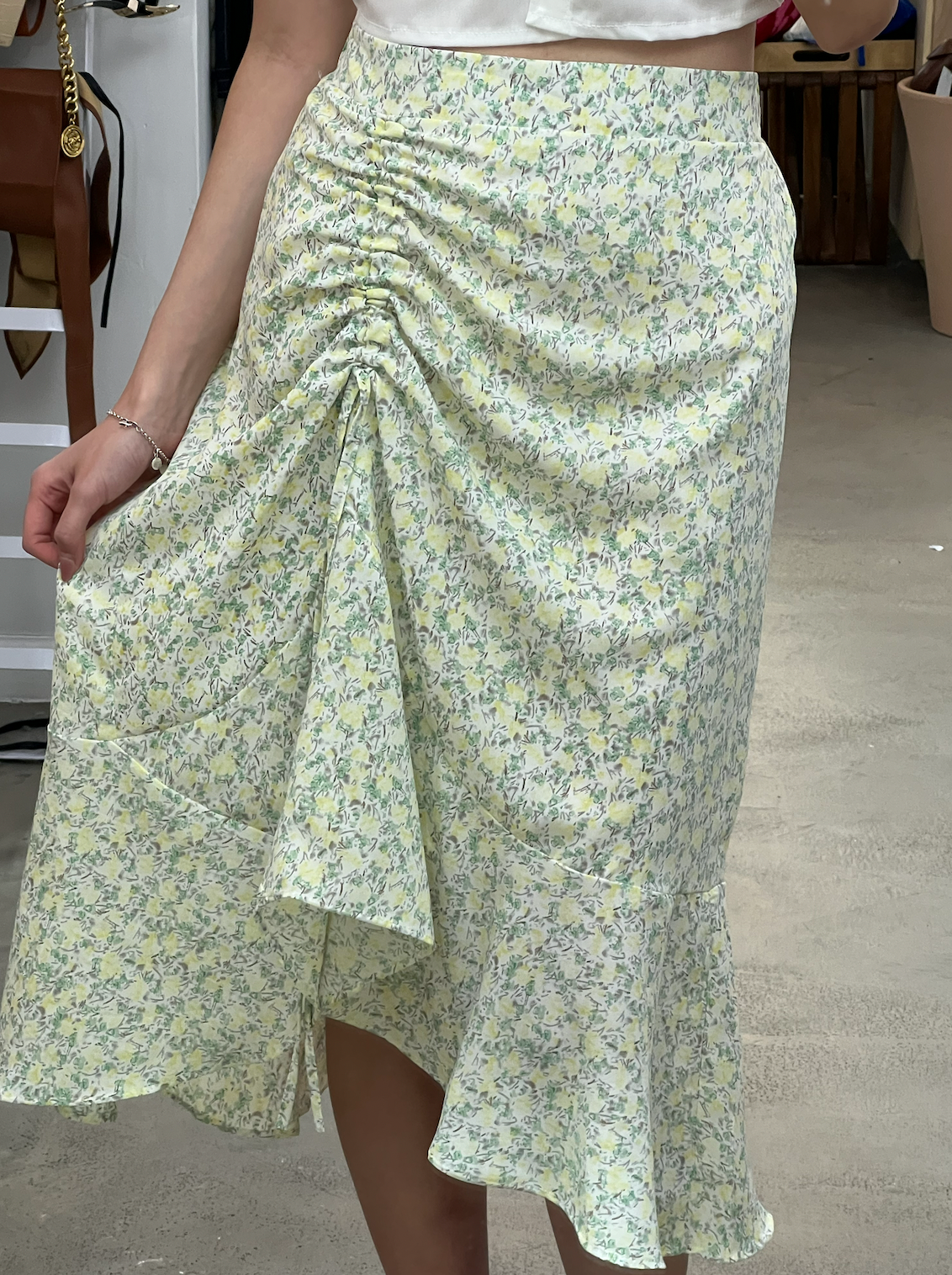 side ruched floral skirt