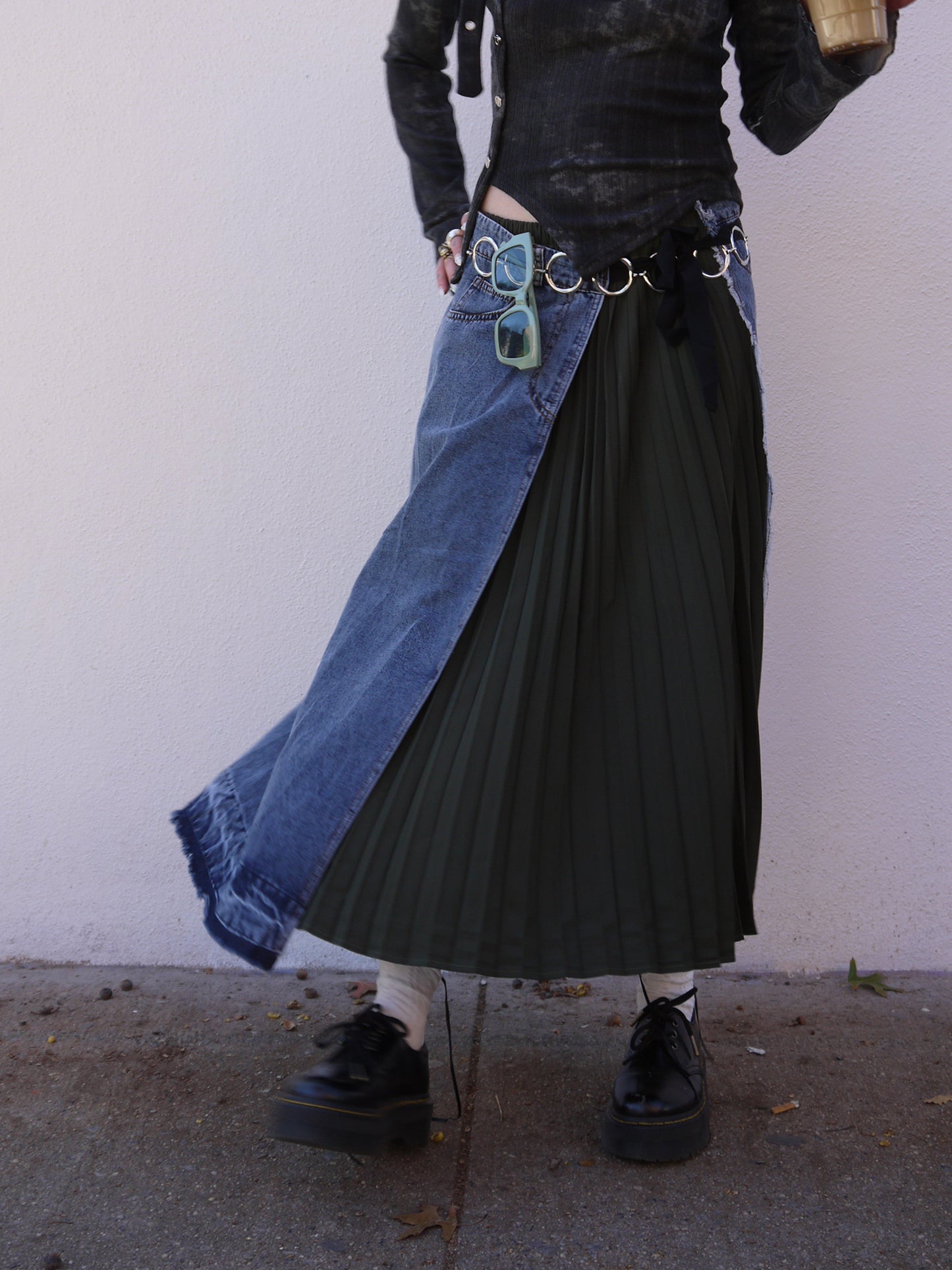 denim pleated combo long skirt