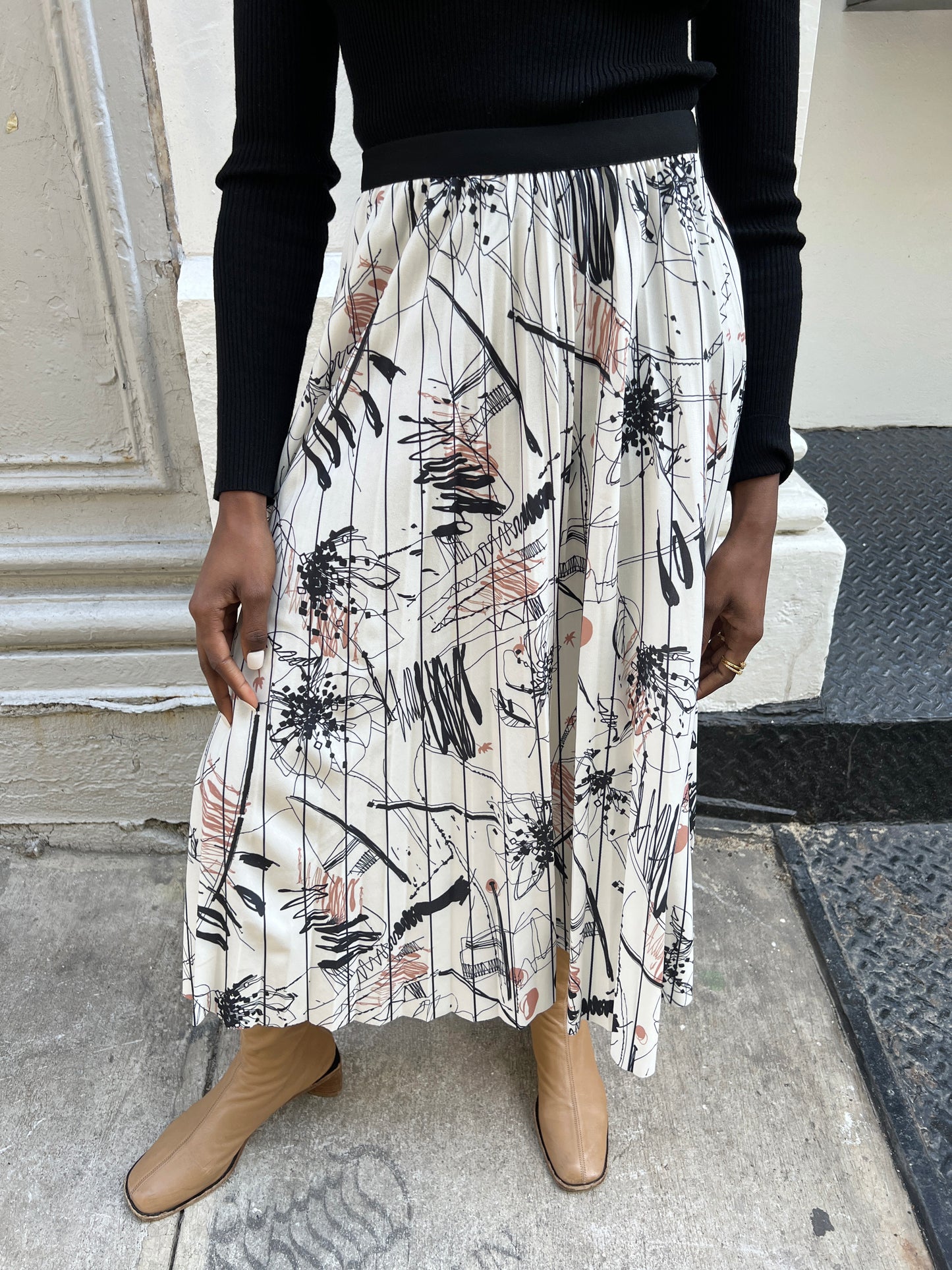 pleated printed midi skirt