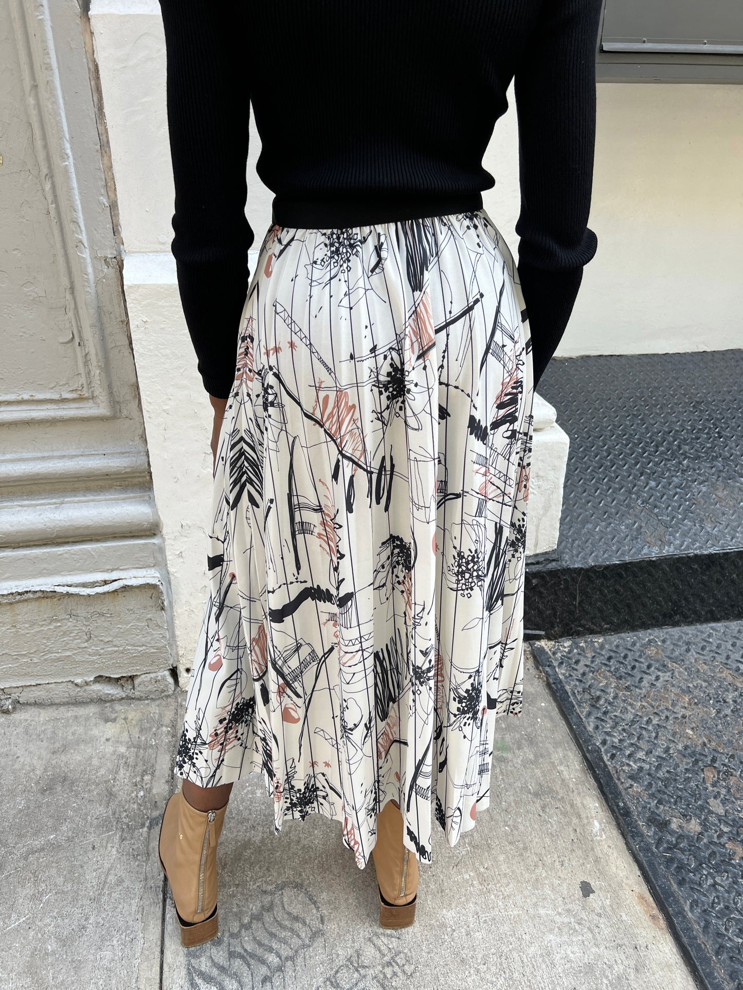 pleated printed midi skirt