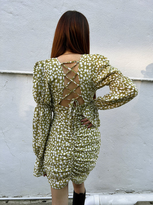 Back Tie Long Sleeve Print Dress