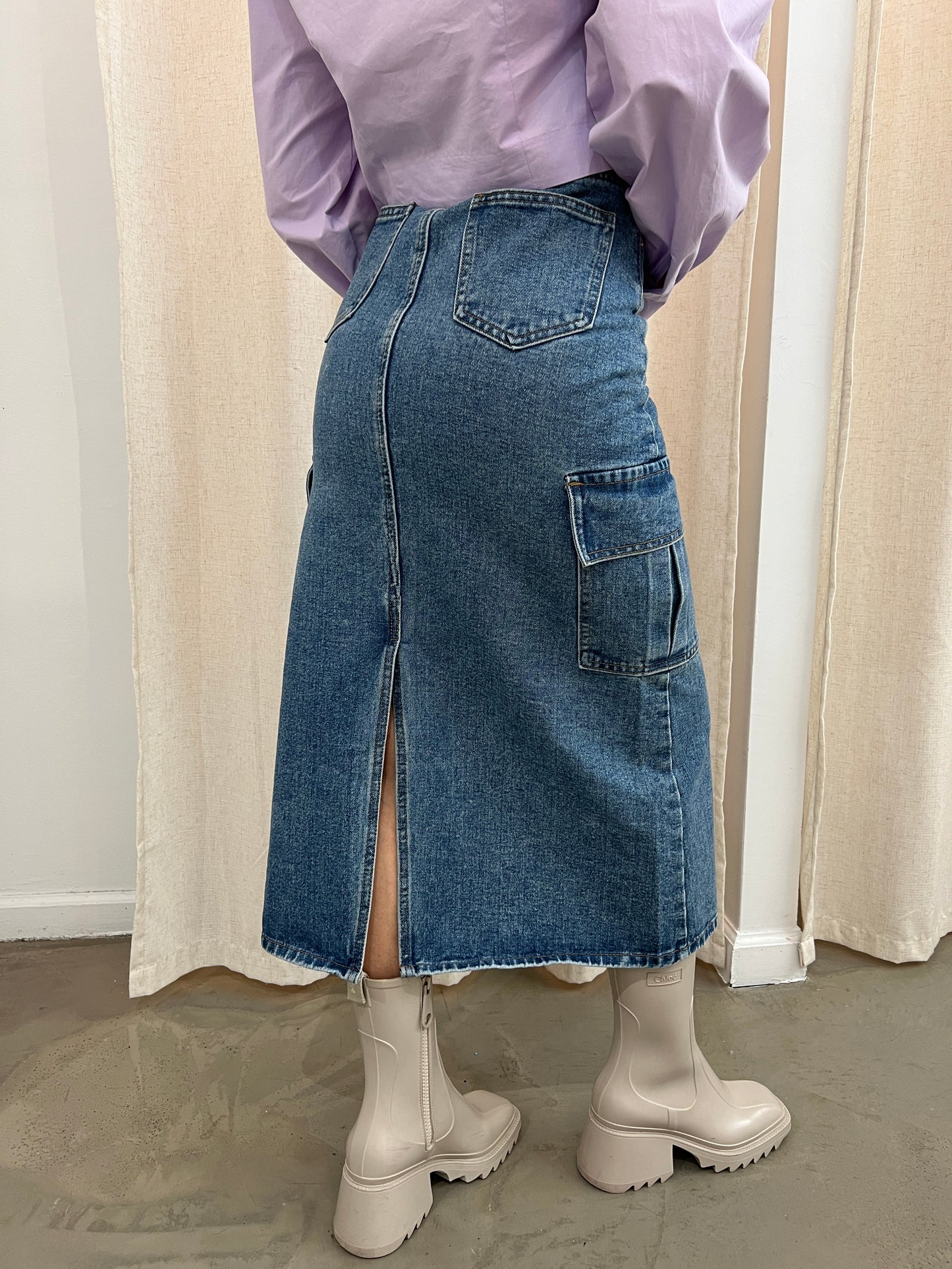 Cargo Pocket Denim Long Skirt